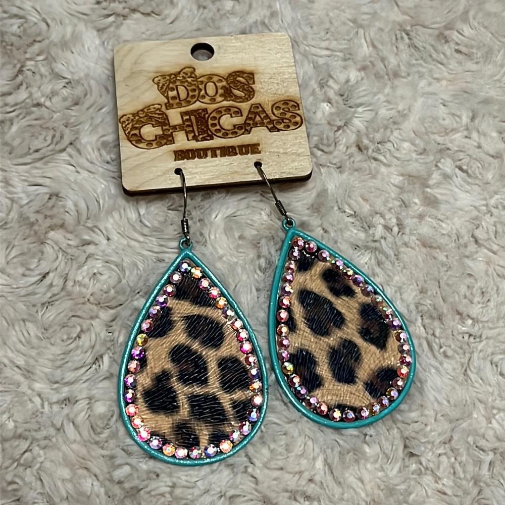 Turquoise cheetah print large teardrop earrings